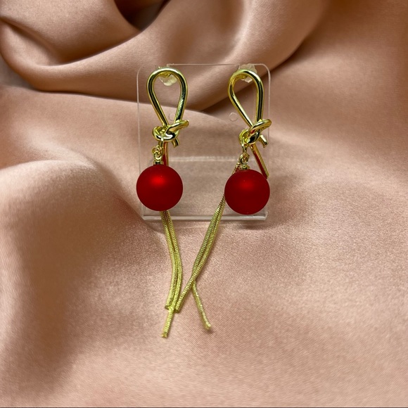 NWT Holiday Red & Gold Tassel Dangle Earrings 925 Silver Prong - Picture 1 of 6